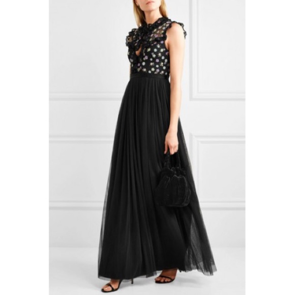 Needle & Thread Black Maxi Dress with Multicolor Floral Bodice